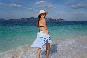 woman on the beach in krabi thailand, poda island, model shooting