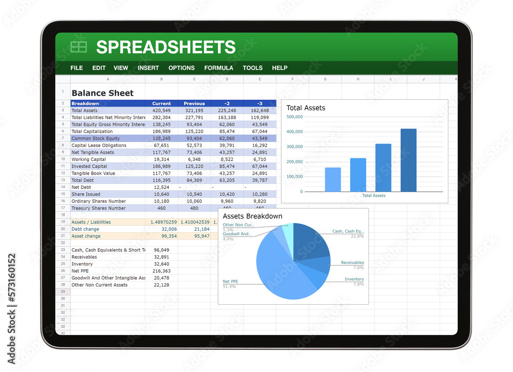 Wall mural digital tablet with sample spreadsheet document on the screen