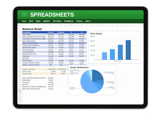Digital tablet with sample spreadsheet document on the screen - 573160152