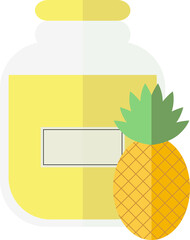 Transparent jar or bottle with pineapple jam, juice and label
