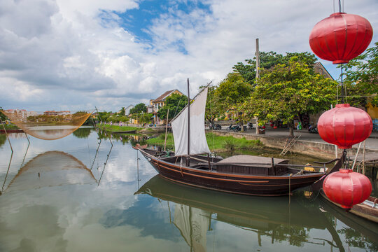 traditional Vietnamese boat anchored in Hoi An