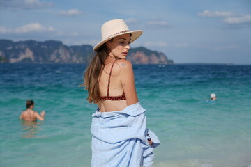 woman on the beach in krabi thailand, poda island, model shooting