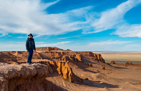 Hiker at Flaming Cliffs, Mongolia