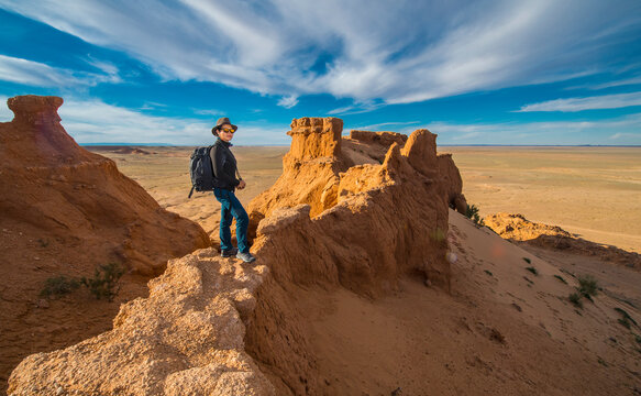 Hiker at Flaming Cliffs, Mongolia