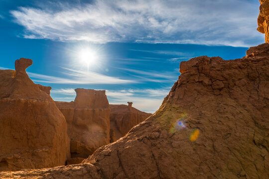Sun shining over Flaming Cliffs, Mongolia