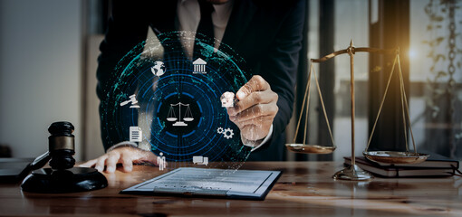 Concepts of Law and Legal services. Lawyer working with law interface icons. Blurred background,...