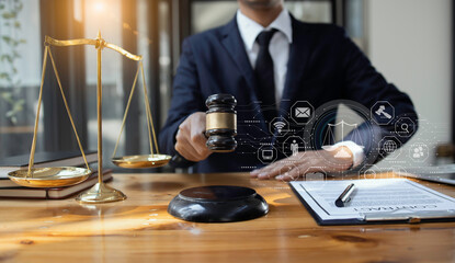 Concepts of Law and Legal services. Lawyer working with law interface icons. Blurred background, online lawyer advice.