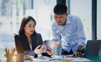 Technology and financial advisory services concert. Business teamwork and working on digital laptop computer with advisor showing plan of investment to clients at table office. Digital marketing.