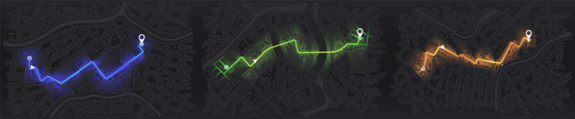GPS map. City street road. Abstract transportation. Set of maps with route distance data, path turns and destination tag or mark. Town roadmap.