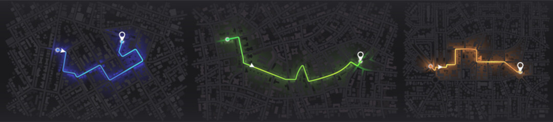 Set of maps with route distance data, path turns and destination tag or mark. Town roadmap. City top view. Hi-tech vector background.