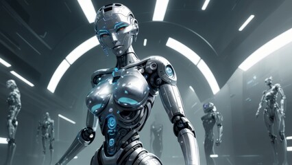 Obraz na płótnie Canvas Futuristic humanoid robot with sleek design showcased in a metallic blue and silver color scheme | generative AI