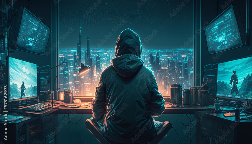 Poster hooded hacker sitting in front of computer screens. hacking concept. generative ai