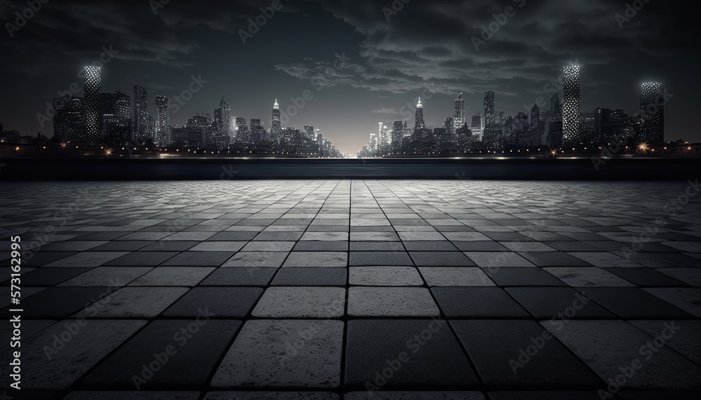 Wall mural cityscape and skyline at night from empty brick floor. Generative AI