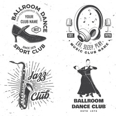 Naklejka premium Set of retro music and ballroom dance sport club logos, badges design. Dance sport and retro music sticker with microphone, headphones, saxophone, shoes for ballroom dancing, man and woman silhouette