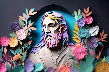 Jesus Christ paper cut with a beautiful flower floral pastel paper craft for love, congratulation or celebration events. Generative AI.