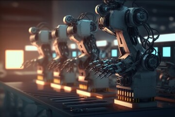 Robotic arms in a factory. Robotics in industry concept. Generative AI.