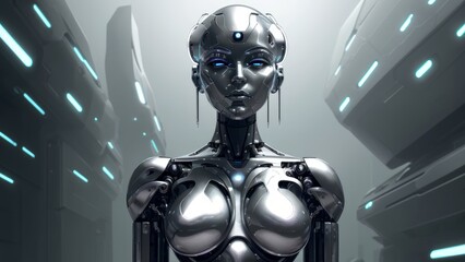 Fototapeta na wymiar Futuristic humanoid robot with sleek design showcased in a metallic blue and silver color scheme | generative AI