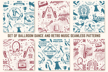 Retro music club and ballroom dance sport club seamless pattern. Background with shoes for ballroom dancing, man, woman, retro microphone, saxophone, audio cassette, classical acoustic guitar