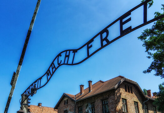 The famous arch of the concentration camp Auschwitz. Inscription: Arbeit macht frei.