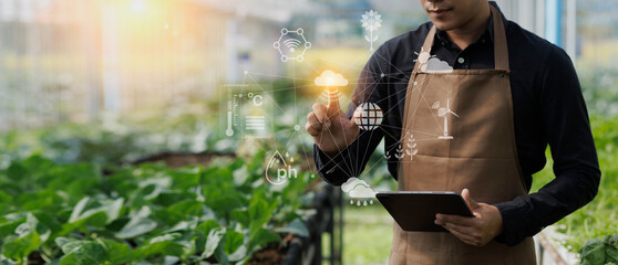 armer hands using tablet to check quality and modern interface icons, Business agriculture technology concept.	