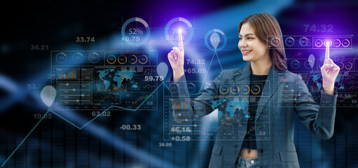 Fototapeta na wymiar Young business woman with showing growth planning, Business stock market strategy graphs and target of business plan and visions concept. 