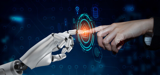 3D rendering of robot hand vs human hand touching digital world and virtual graphic interface and...