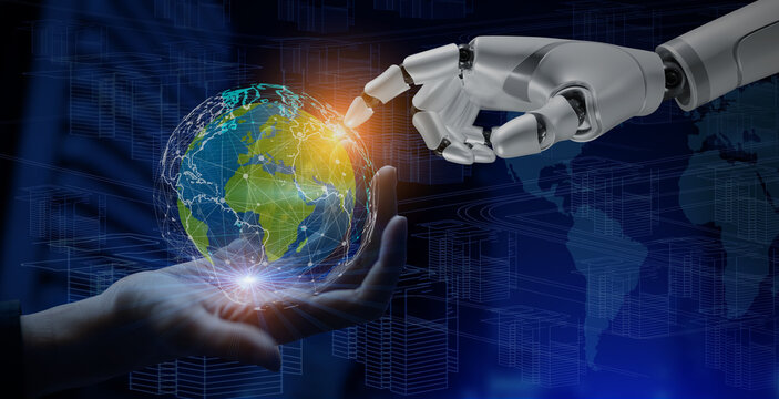 3D rendering of robot hand vs human hand touching digital world and virtual graphic interface and artificial intelligence, World communication concept.