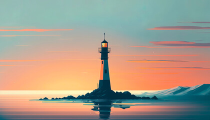 Fototapeta premium Abstract lighthouse in the sea during sunrise or sunset with twilight sky landscape background. Minimalistic digital art with pastel color style. Digital illustration generative AI.