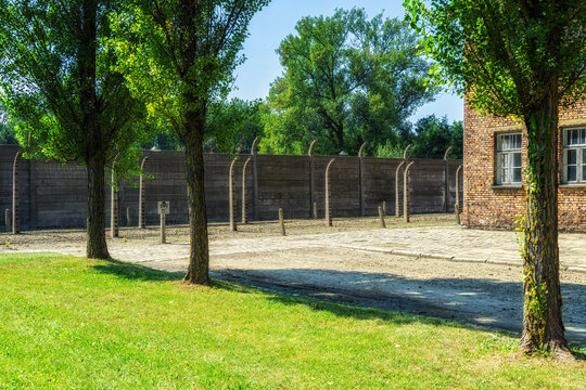 Barbed wire fence and barracks, Auschwitz 1concentration camp, Auschwitz, Lesser Poland, Poland, Europe