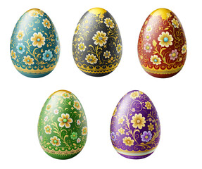 Easter Celebration: set of five Ukrainian Easter eggs decorated with floral ornaments on transparent background