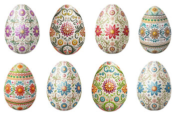 Easter Celebration: set of eight Ukrainian Easter eggs decorated with floral ornaments on transparent background
