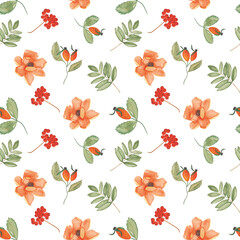 Watercolor seamless pattern on a white background with green leaves, orange flowers, viburnum and rose hips
