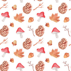 Watercolor seamless pattern with cones, red fly agaric, acorns, 
brown leaves and branches 