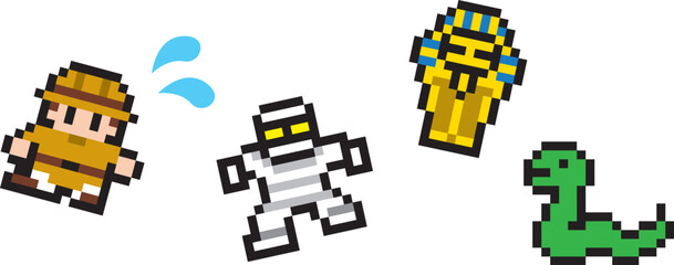 Fototapeta premium 探検ゲーム風ドット絵 モンスターから逃げる探検家