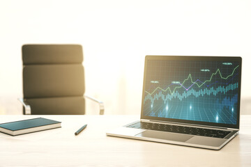 Naklejka premium Modern computer monitor with abstract creative financial chart, research and strategy concept. 3D Rendering