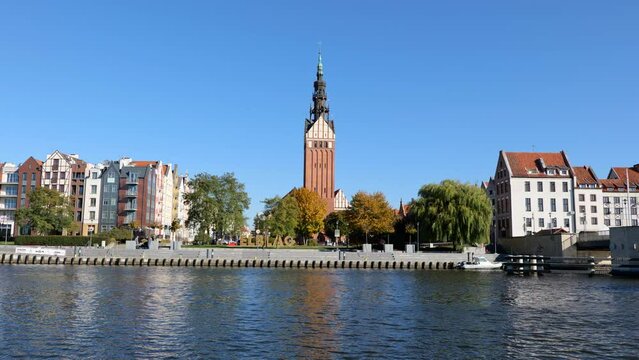 City skyline of Elblag in Poland, river view of the Old Town.