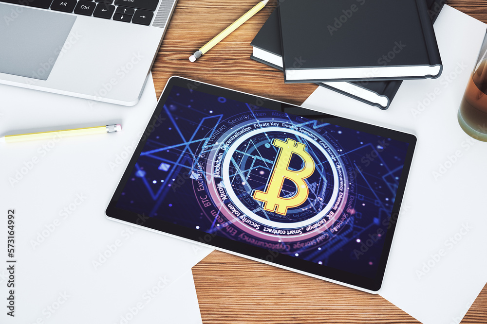 Poster Creative Bitcoin concept on modern digital tablet screen. Top view. 3D Rendering