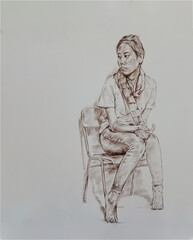 Asian woman painting sitting on a chair on white background.