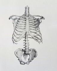 Human skeleton in front on white background.