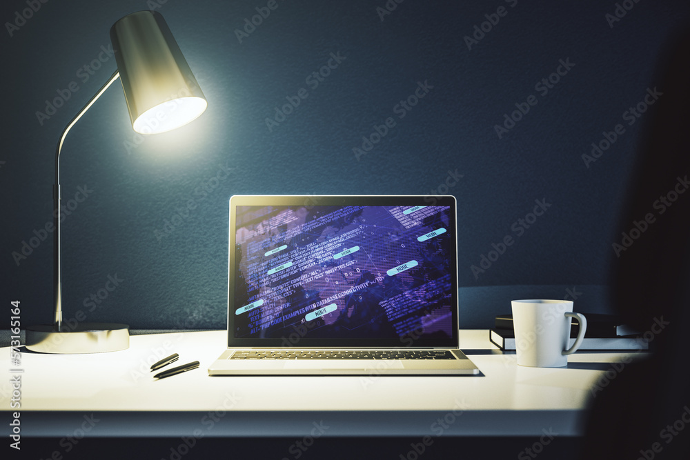 Poster abstract creative coding illustration with world map on modern computer monitor, international softw