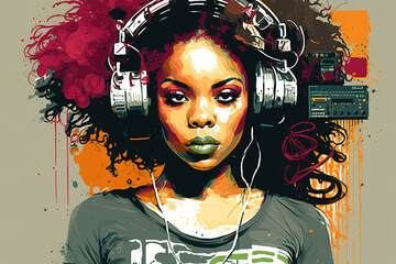 Hip hop and cool black girl concept, young woman listen music on street, illustration. - obrazy, fototapety, plakaty