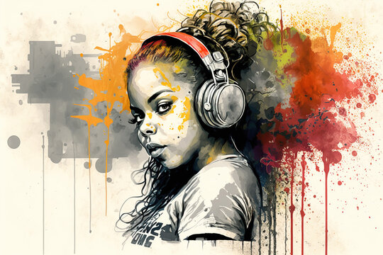 Black Girl Listens Music, Realistic Portrait Of Modern Teenage, Illustration, Generative AI