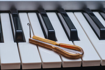 Ethnic jew's harp lies on the piano keys. The concept of the history of folk music and ancient...