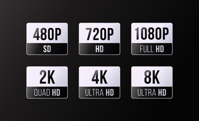 480p, 720p, 1080p, 2k, 4K, 8k Ultra HD logos with HDR mention, video HDTV Silver rectangle sticker badge design.