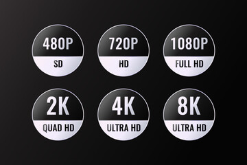 Premium Platinum metallic color monitor screen resolution definition round icon label. 480, 720, 1080, 2k, 4k, 8k, ultra hd quad hd collection