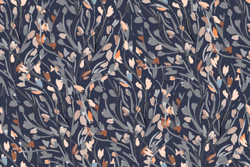 Night feminine seamless pattern with hand drawn paint wildflowers on dark background