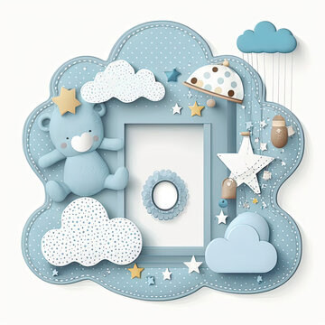 Blue baby photo frame with cloud star toys and dots, generative artificial intelligence