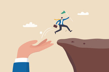 Helping hand or support to help achieve success, assistance or advice to reach next level, solution or employee encouragement concept, giant hand help businessman to jump up the cliff reach success.