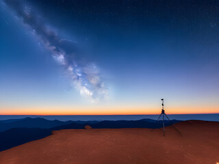 top of the mountain looking at the stars and Milky Way over the twilight sky