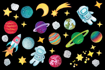 Cartoon space elements. Set of planets, stars, rocket, moon, stars. Watercolor illustration.